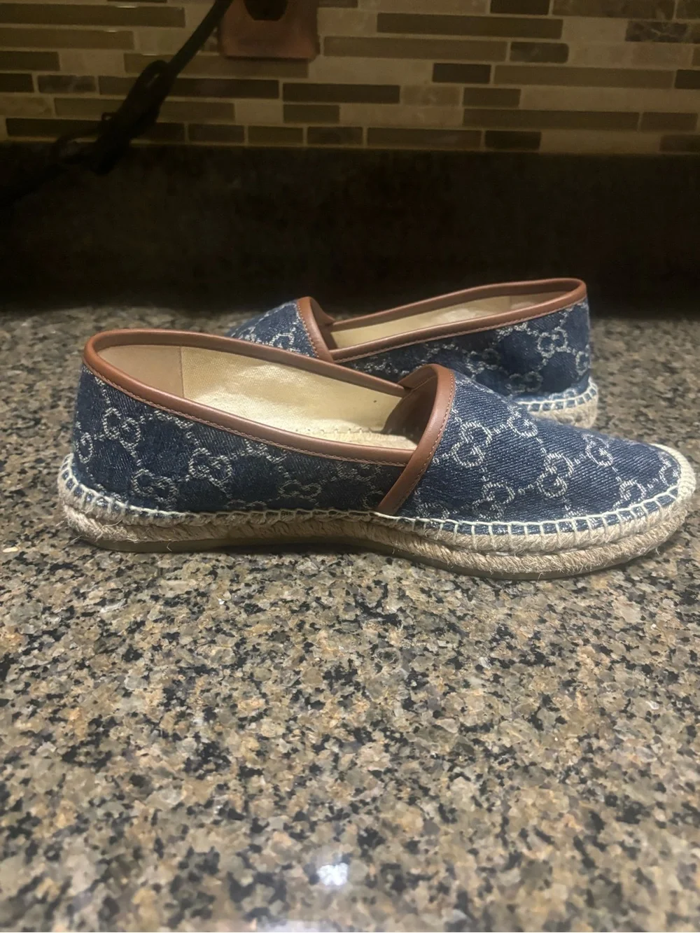 Gucci Denim Logo Espadrilles with Brown leather Trim